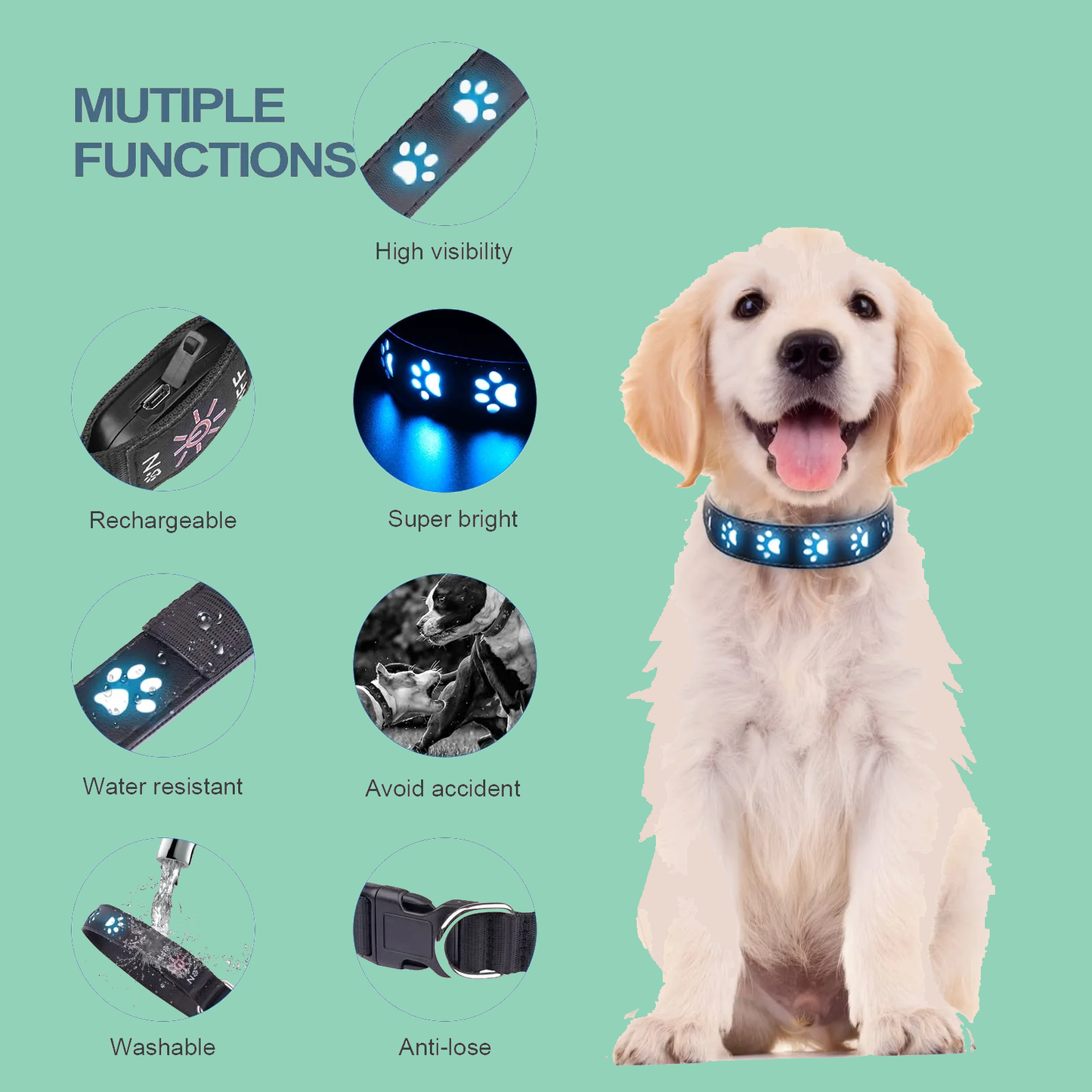 4. 7 Modes Led LEATHER Dog Collar Colourful Light Luminous Dog Collar