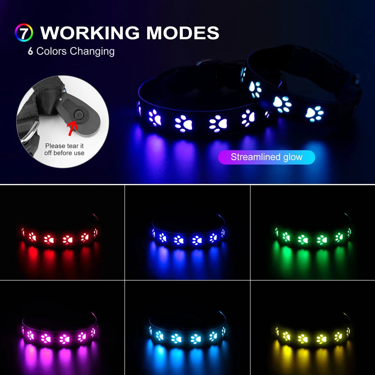 4. 7 Modes Led LEATHER Dog Collar Colourful Light Luminous Dog Collar